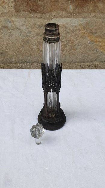 Crystal bottle with gadroons, mounted silver...