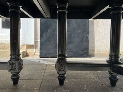 Large blackened carved wood extension table,...