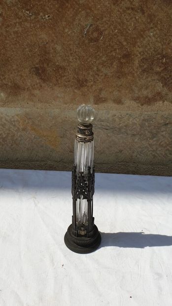 Crystal bottle with gadroons, mounted silver...