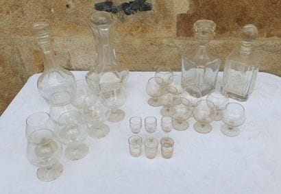 Set of four whiskey decanters and various...