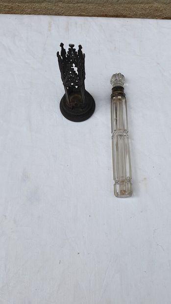 Crystal bottle with gadroons, mounted silver...