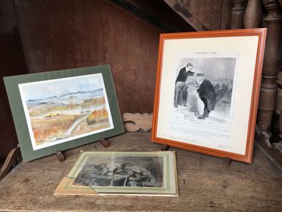 Lot of six pieces including four framed with...
