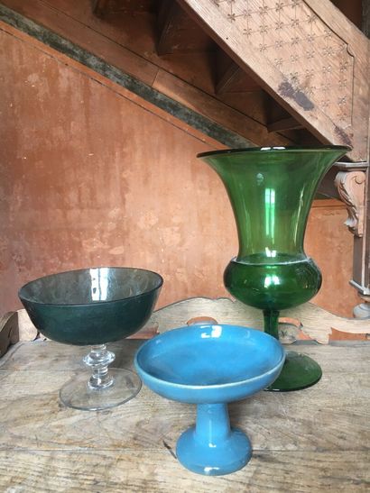 Two glass and blue earthenware fruit cups.

20th...