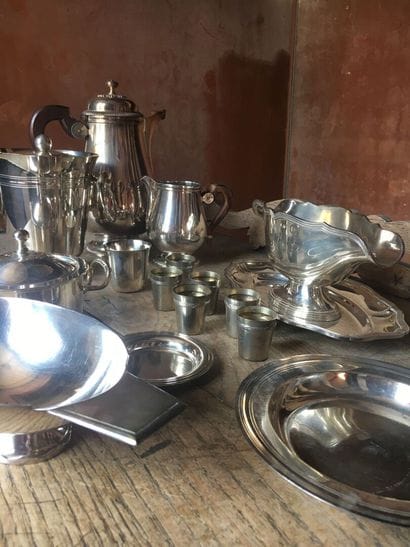 Set of pewter and silver plated utensils...