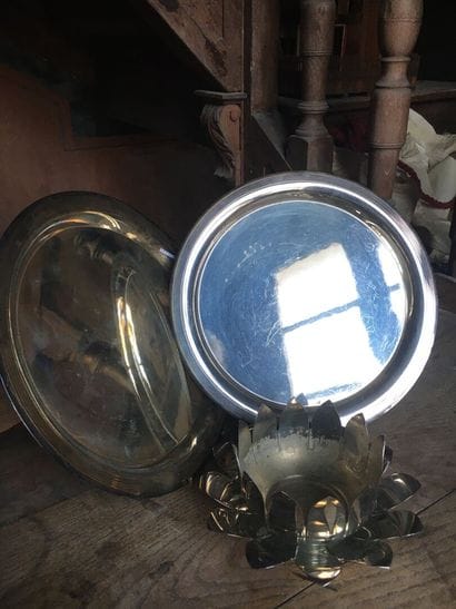 Set of pewter and silver plated utensils...