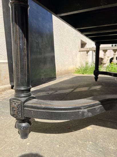 Large blackened carved wood extension table,...