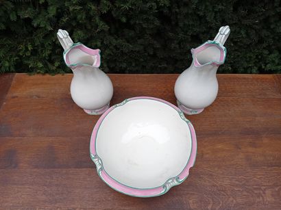 Two ewers and a bowl in glazed earthenware,...