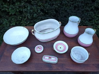 Lot including two basins of toilet, two pots...
