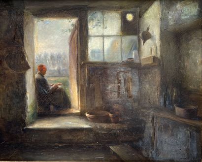 Ecole XIXème 

Femme à son ouvrage 

Huile...
