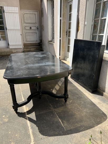 Large blackened carved wood extension table,...