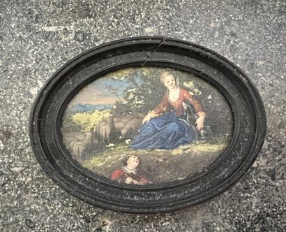 Petite miniature à décor d'une scène galante,...
