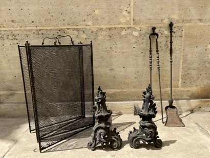Pair of andirons and fire instruments, Louis...