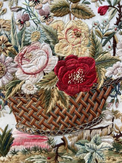 Embroidery on silk in a carved and gilded...