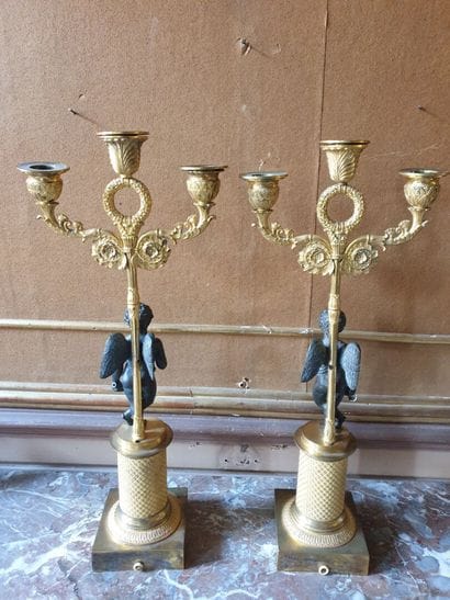 Pair of chased bronze candelabras with patina...