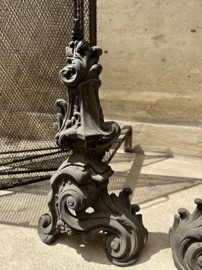 Pair of andirons and fire instruments, Louis...