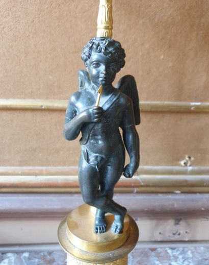 Pair of chased bronze candelabras with patina...