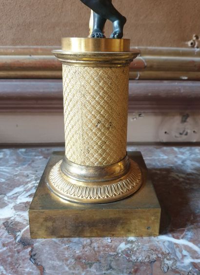 Pair of chased bronze candelabras with patina...