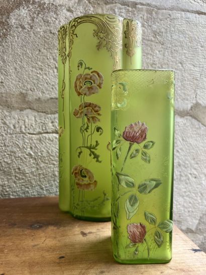 Two green enamelled glass vases, early 20th...