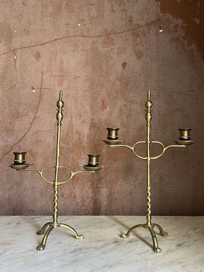 Pair of bronze candlesticks with two lights,...
