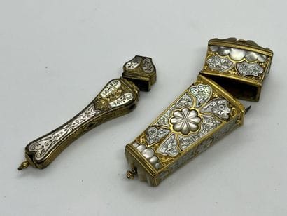 Two empty mother-of-pearl and pompom sets,...
