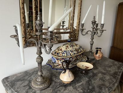 Pair of candelabras in silver plated met...