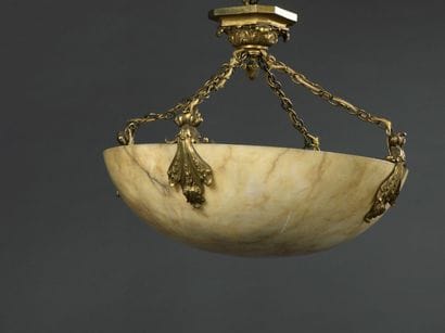 Hanging lamp in alabaster and chased and...