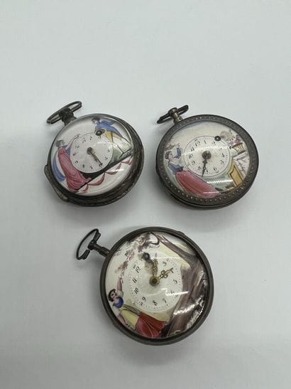 Three silver pocket watches and enamel dial...