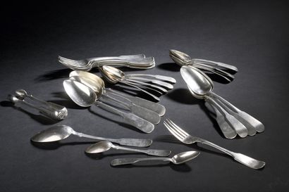 Set of five silver flatware and one fork,...