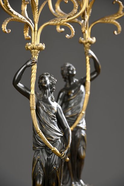 Pair of patinated gilt bronze candelabras,...