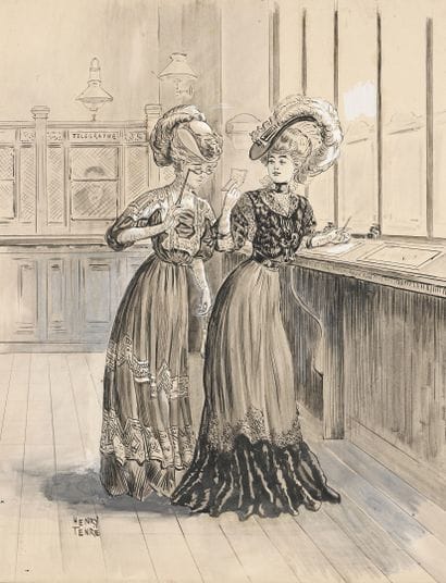 Henry Charles TENRÉ (1864-1926) 
À la poste
Gouache.
Signée...