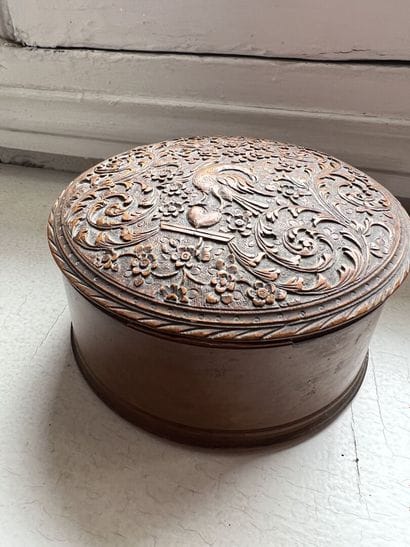Round wooden box of Saint Lucia, decorated...