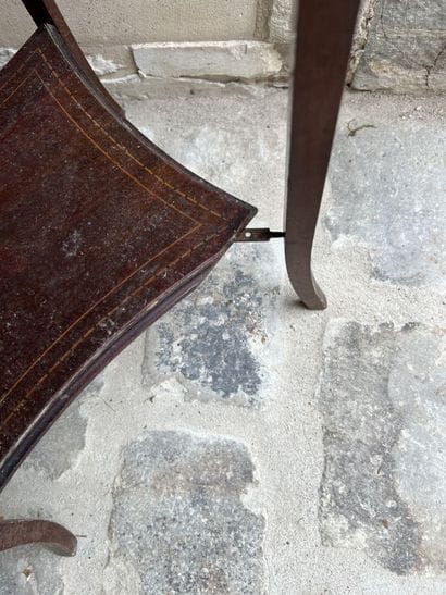 Pedestal table, mahogany veneer and marquetry,...