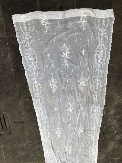 Pair of embroidered muslin curtains, late...