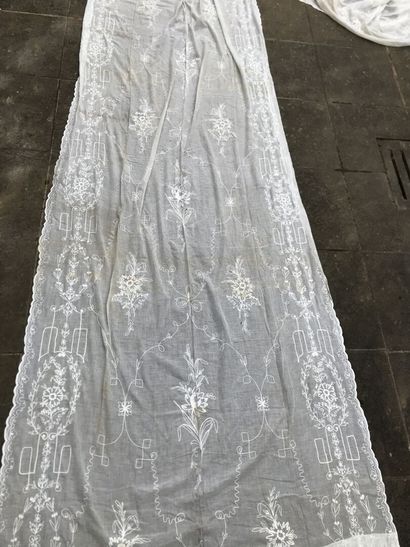 Pair of embroidered muslin curtains, late...
