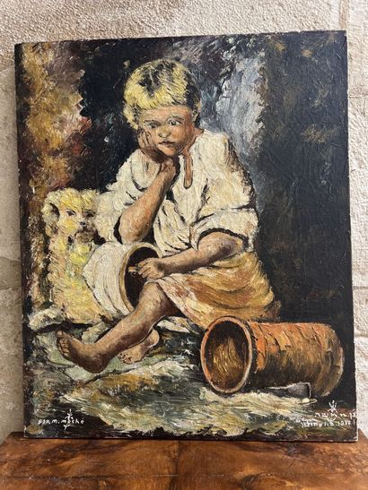 Lot of four oils on canvas, wood or cardboard,...