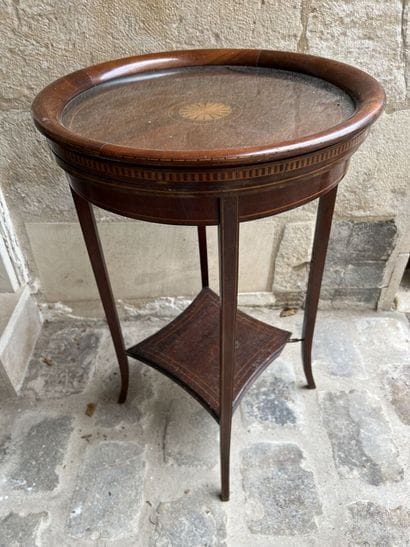 Pedestal table, mahogany veneer and marquetry,...