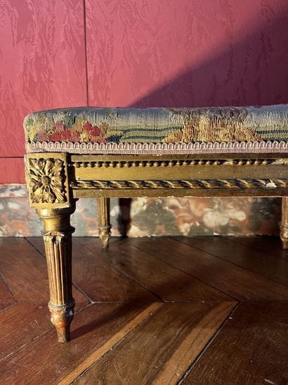 Small stool in molded wood, carved and gilded...