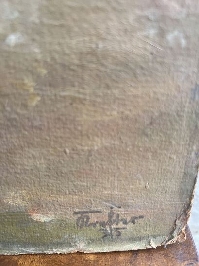 Lot of four oils on canvas, wood or cardboard,...