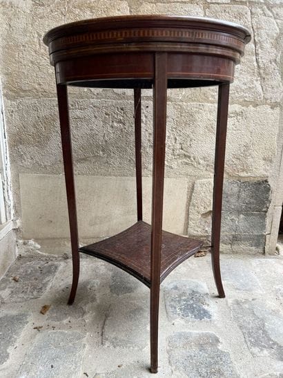 Pedestal table, mahogany veneer and marquetry,...