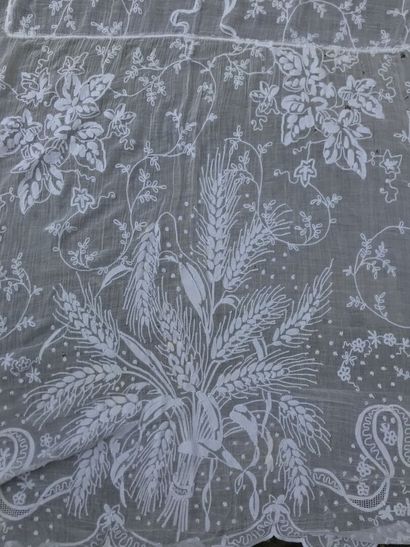 Pair of embroidered muslin curtains, late...