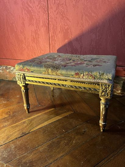 Small stool in molded wood, carved and gilded...