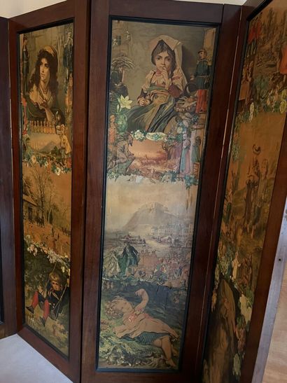 Mahogany screen, four leaves decorated with...