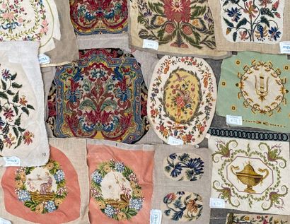 Set of thirteen petit point trimmings decorated...