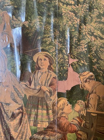 Mahogany screen, four leaves decorated with...