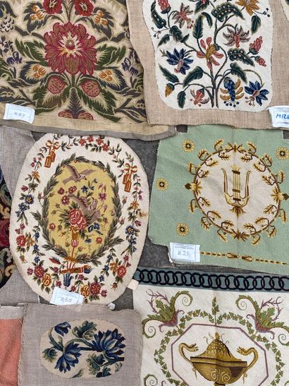 Set of thirteen petit point trimmings decorated...
