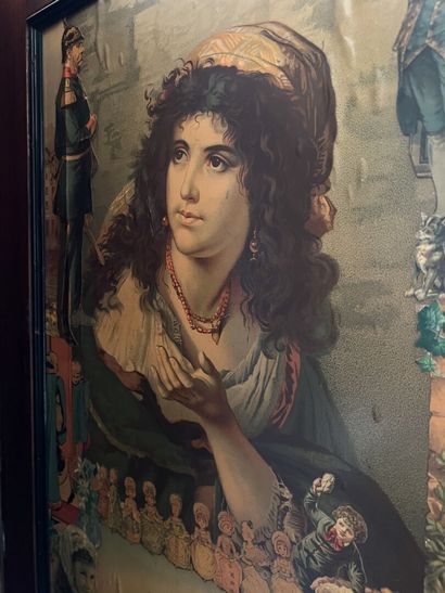 Mahogany screen, four leaves decorated with...