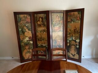 Mahogany screen, four leaves decorated with...