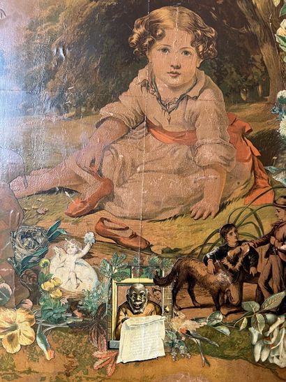Mahogany screen, four leaves decorated with...