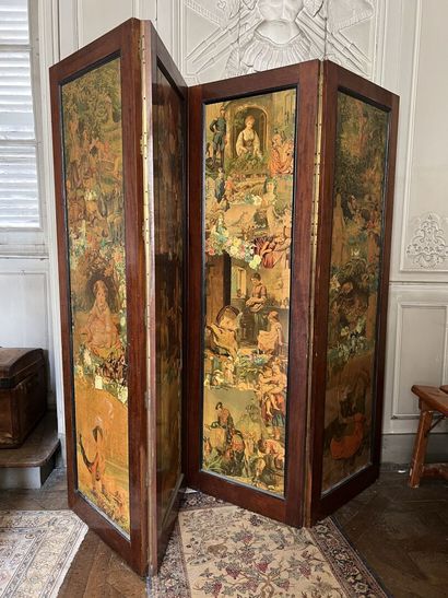 Mahogany screen, four leaves decorated with...