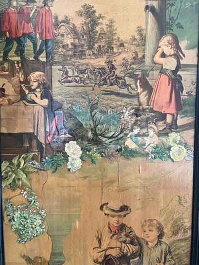 Mahogany screen, four leaves decorated with...